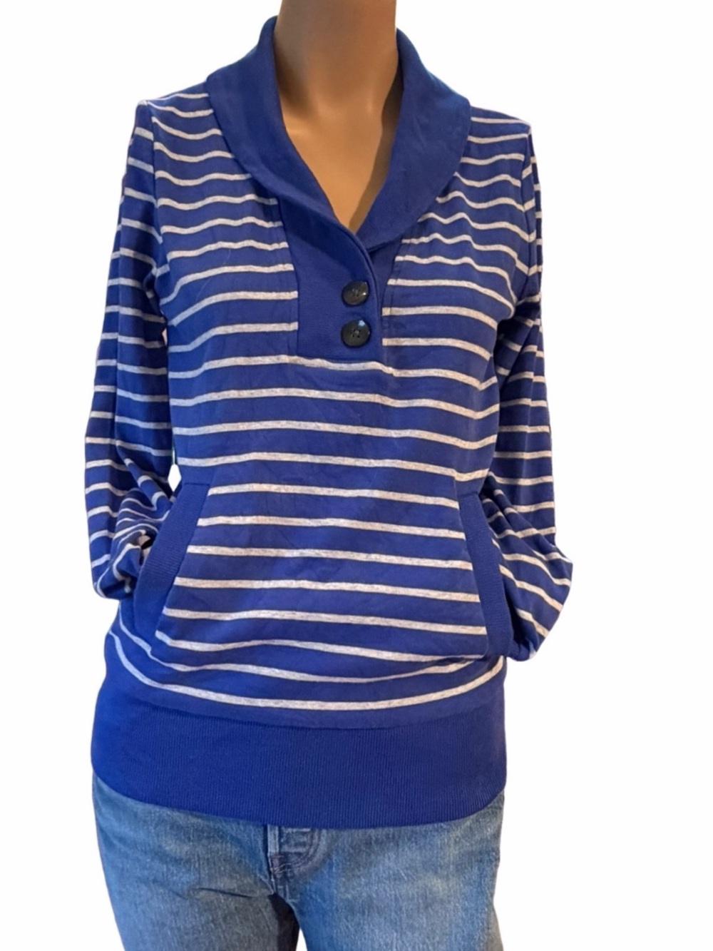 Banana Republic Blue Ivory Striped Shawl Collar Pocket Pullover XS